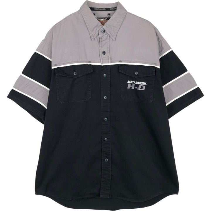 Harley-Davidson Hidden Button-Down Short Sleeve Work Shirt, Men's Size L cotton gray type Vintage Second Hand