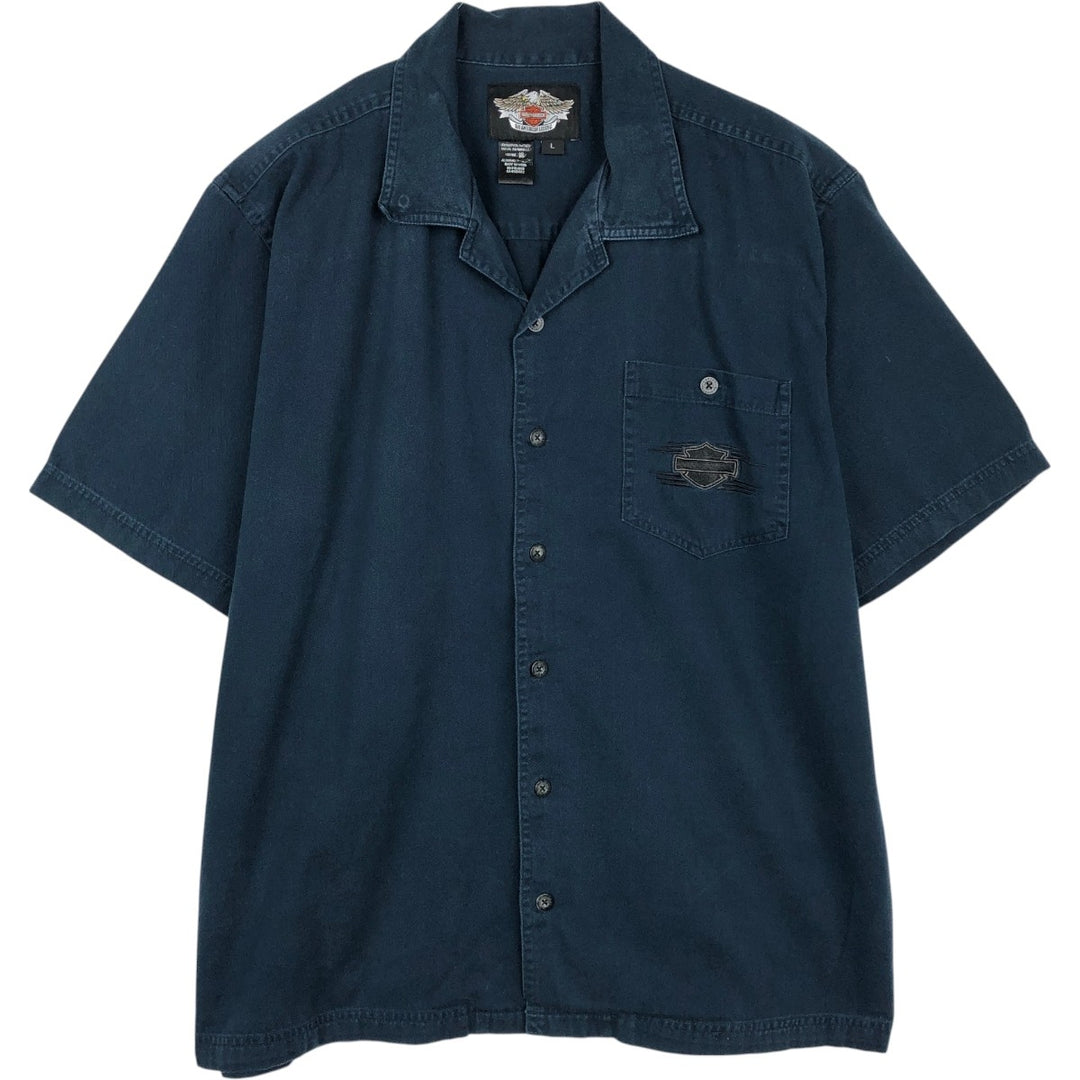 Harley-Davidson Hidden Button Down Open Collar Short Sleeve Work Shirt Box Shirt Men's Size L cotton navy blue type Vintage Second Hand
