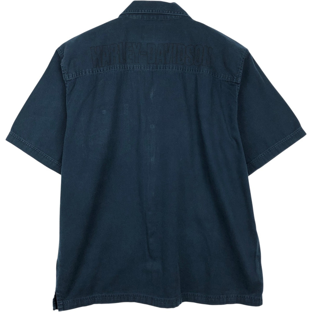 Harley-Davidson Hidden Button Down Open Collar Short Sleeve Work Shirt Box Shirt Men's Size L cotton navy blue type Vintage Second Hand