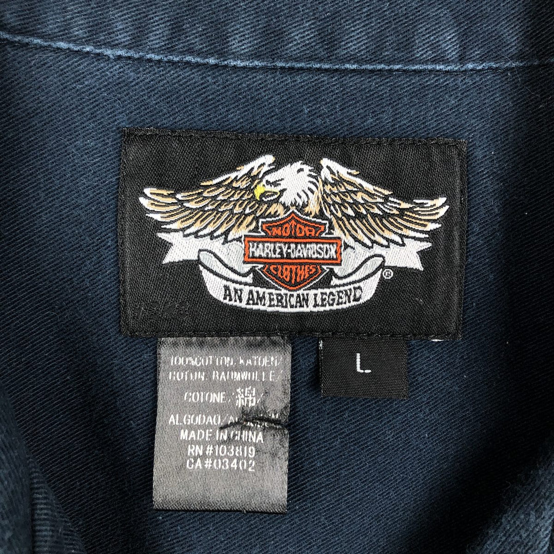 Harley-Davidson Hidden Button Down Open Collar Short Sleeve Work Shirt Box Shirt Men's Size L cotton navy blue type Vintage Second Hand