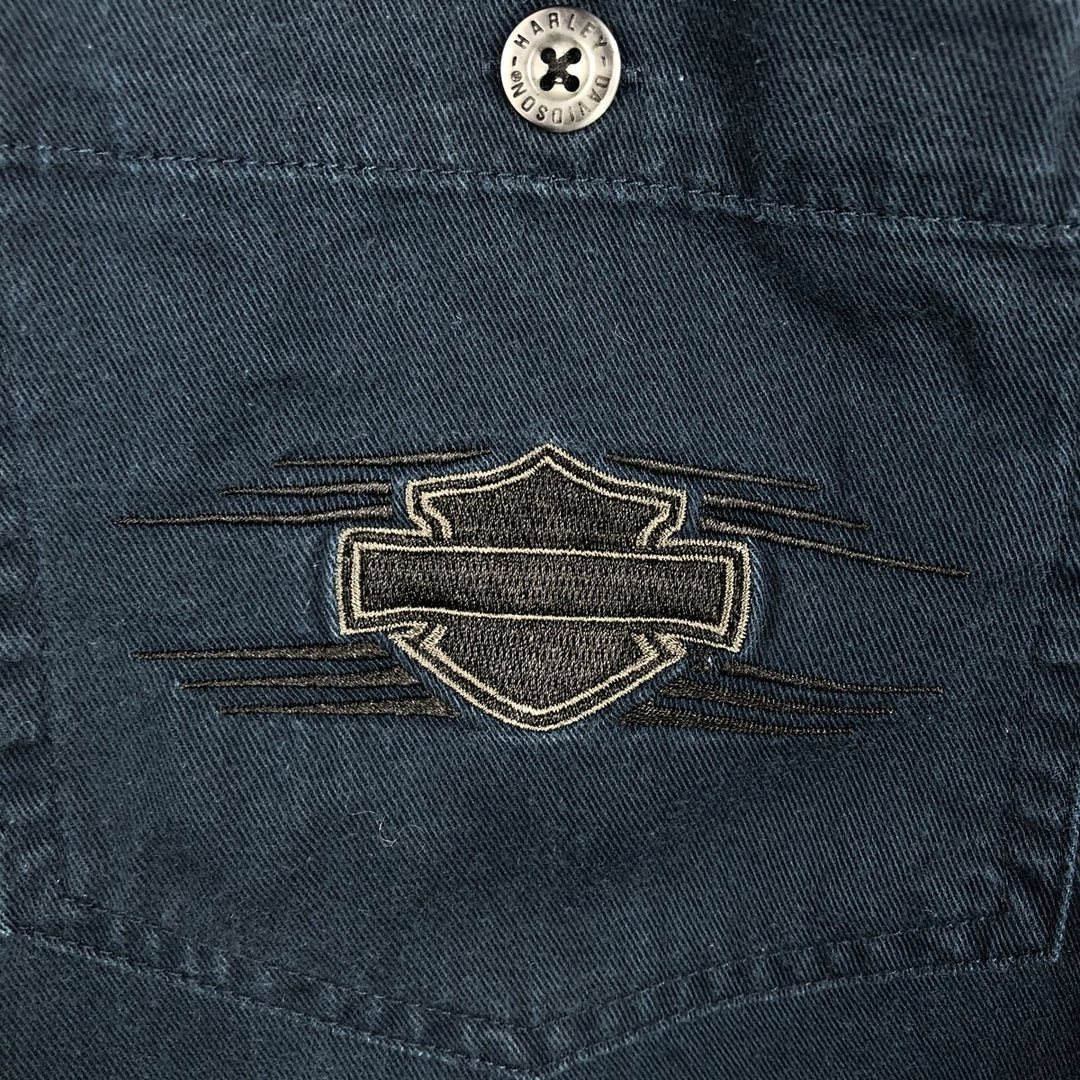Harley-Davidson Hidden Button Down Open Collar Short Sleeve Work Shirt Box Shirt Men's Size L cotton navy blue type Vintage Second Hand