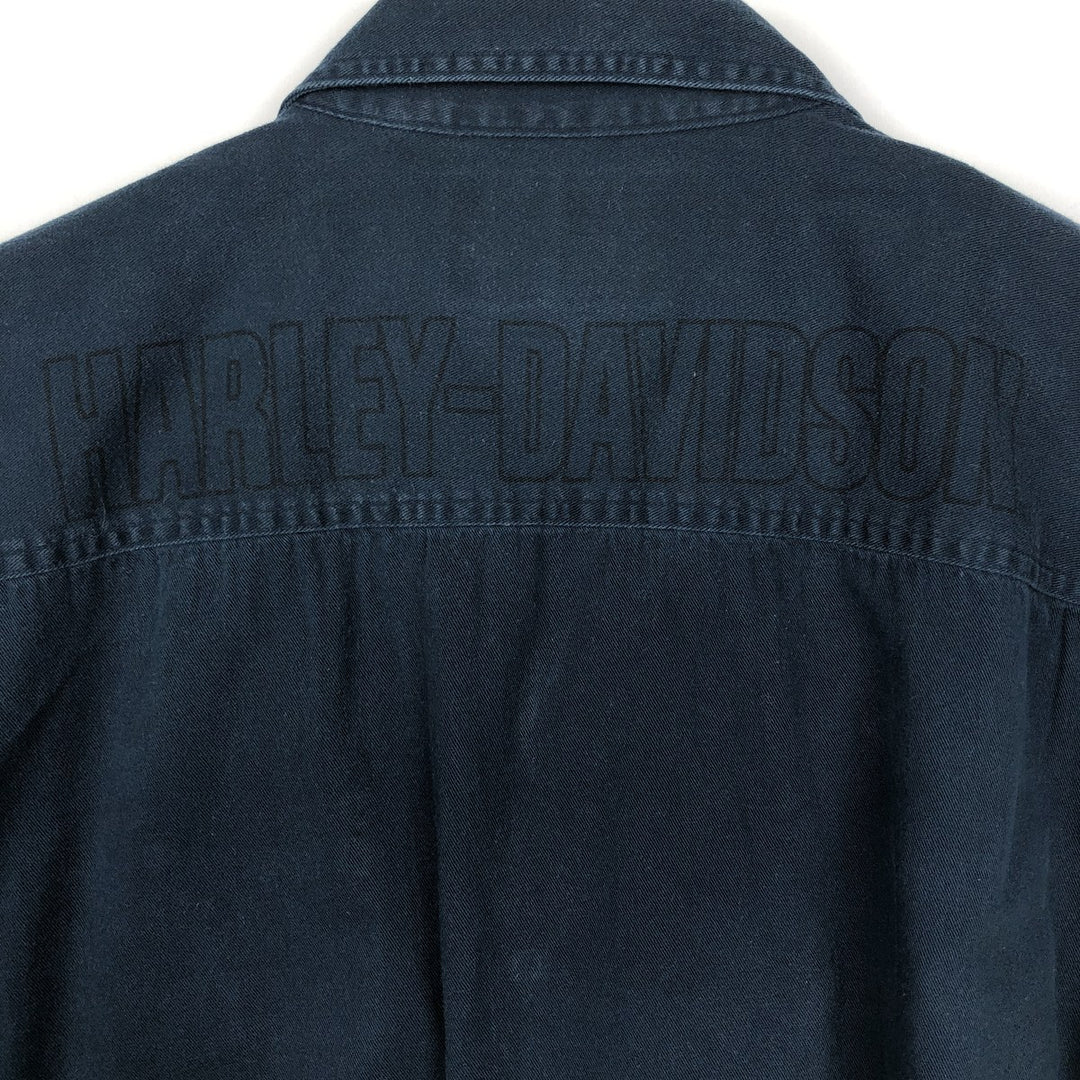 Harley-Davidson Hidden Button Down Open Collar Short Sleeve Work Shirt Box Shirt Men's Size L cotton navy blue type Vintage Second Hand
