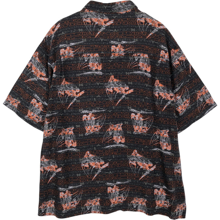 Harley-Davidson all-over print hidden button-down short-sleeved work shirt, boxy style, men's size XL equivalent. Rayon black type Vintage Second Hand