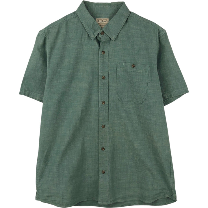 90s-00'S L.L.Bean SLIGHTLY FITTED Concealed Button-Down Short-Sleeve Button-Down Shirt, Boxy Shirt, Men's Size M (approx.) cotton green type Vintage Second Hand