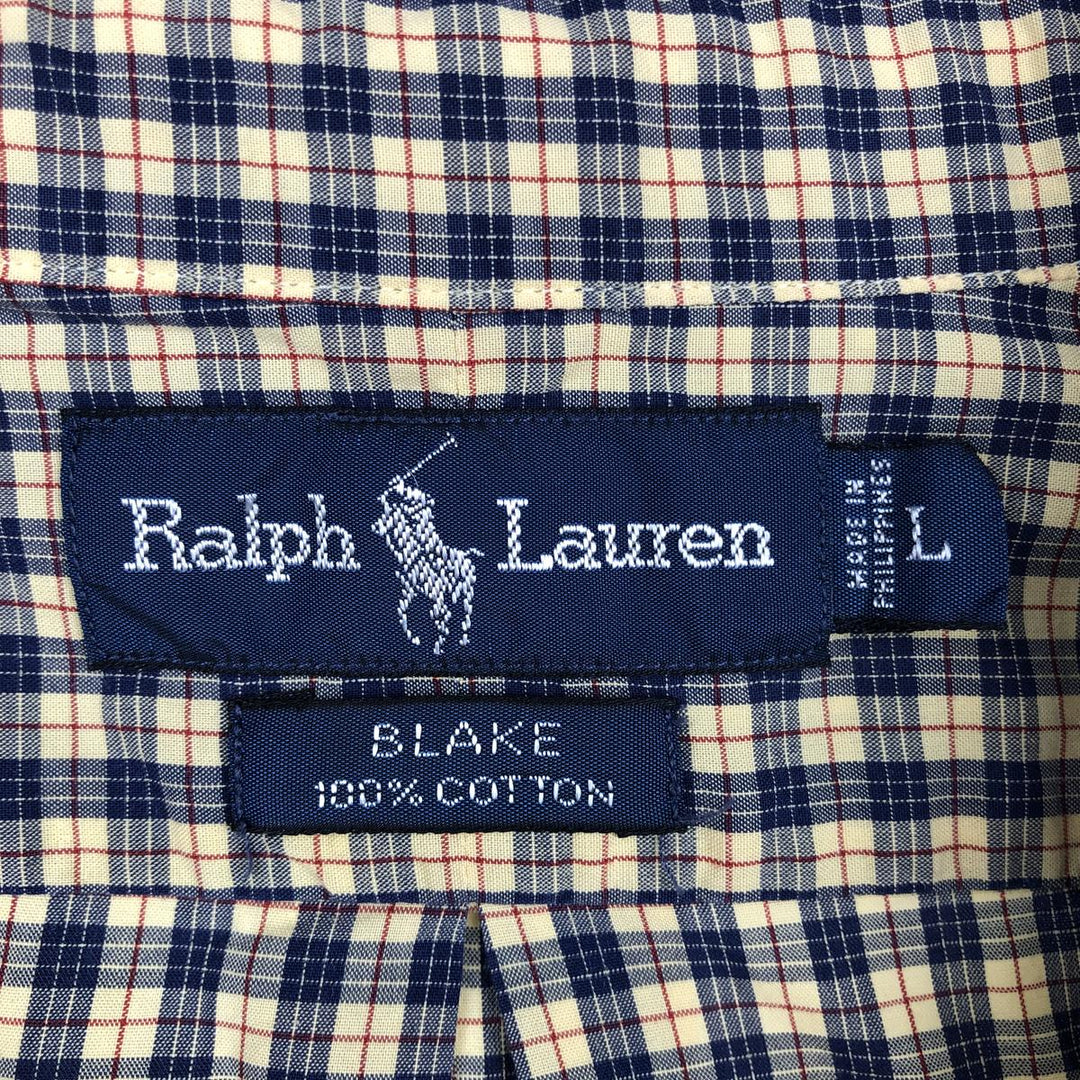Ralph Lauren BLAKE long sleeve button down check shirt, men's size L cotton navy blue type Vintage Second Hand