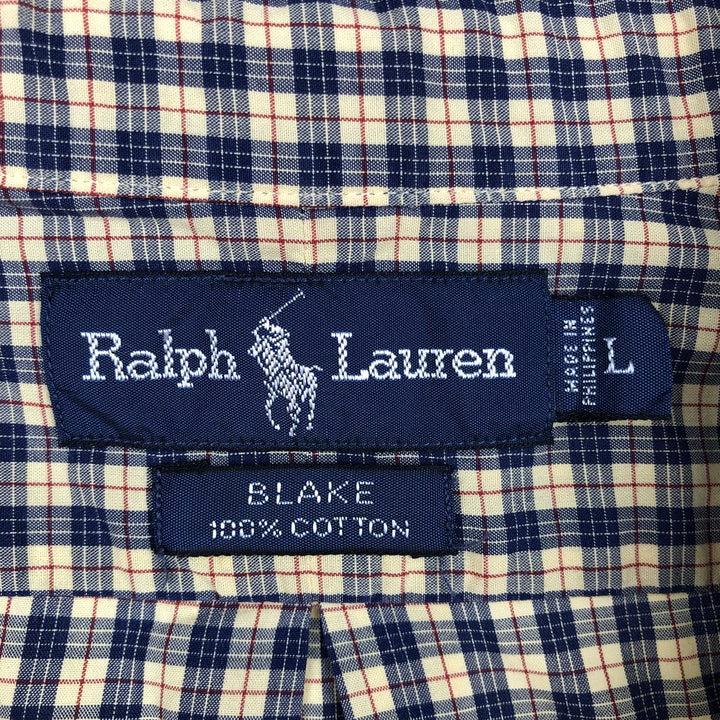 Ralph Lauren BLAKE long sleeve button down check shirt, men's size L cotton navy blue type Vintage Second Hand