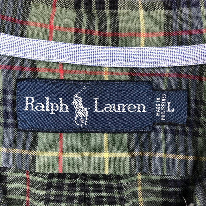 Ralph Lauren long sleeve button down check shirt, men's size L cotton green type Vintage Second Hand