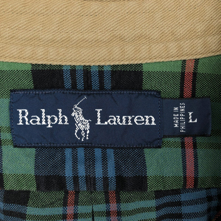 Ralph Lauren long sleeve button down check shirt, men's size L cotton Green type dark green Vintage Second Hand