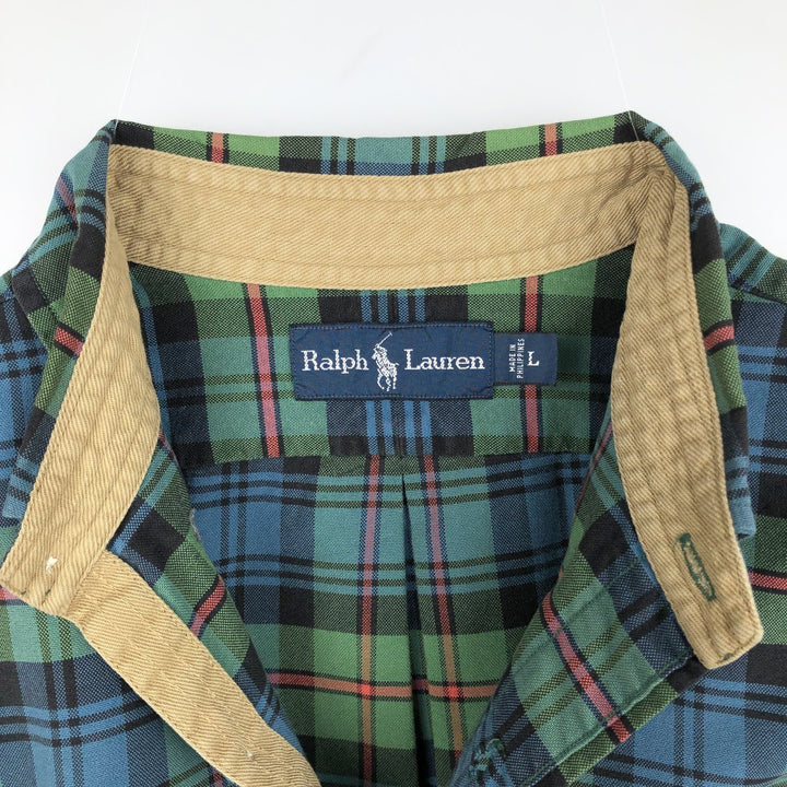 Ralph Lauren long sleeve button down check shirt, men's size L cotton Green type dark green Vintage Second Hand