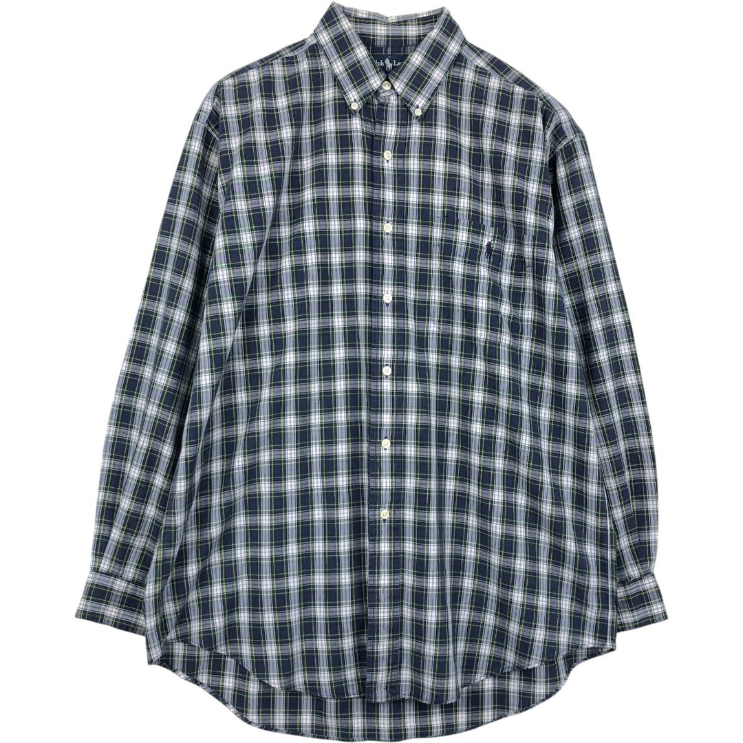 Ralph Lauren BLAIRE long sleeve button down check shirt, men's size M cotton navy blue type Vintage Second Hand