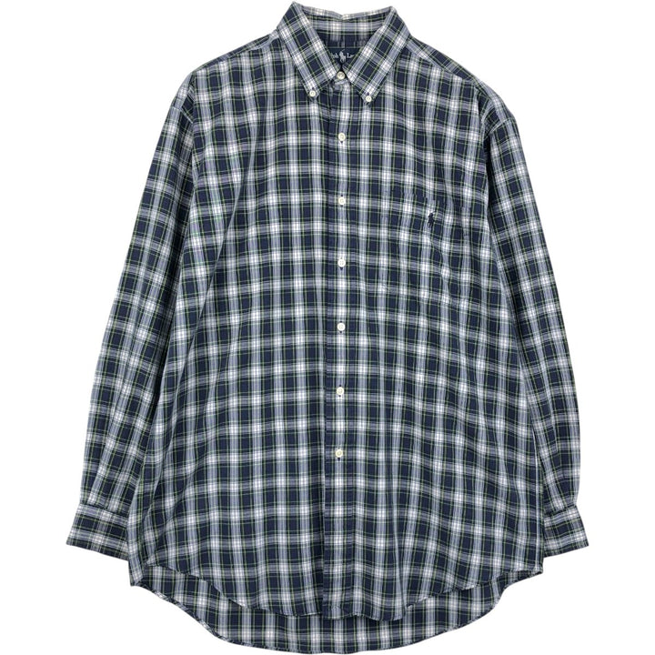 Ralph Lauren BLAIRE long sleeve button down check shirt, men's size M cotton navy blue type Vintage Second Hand
