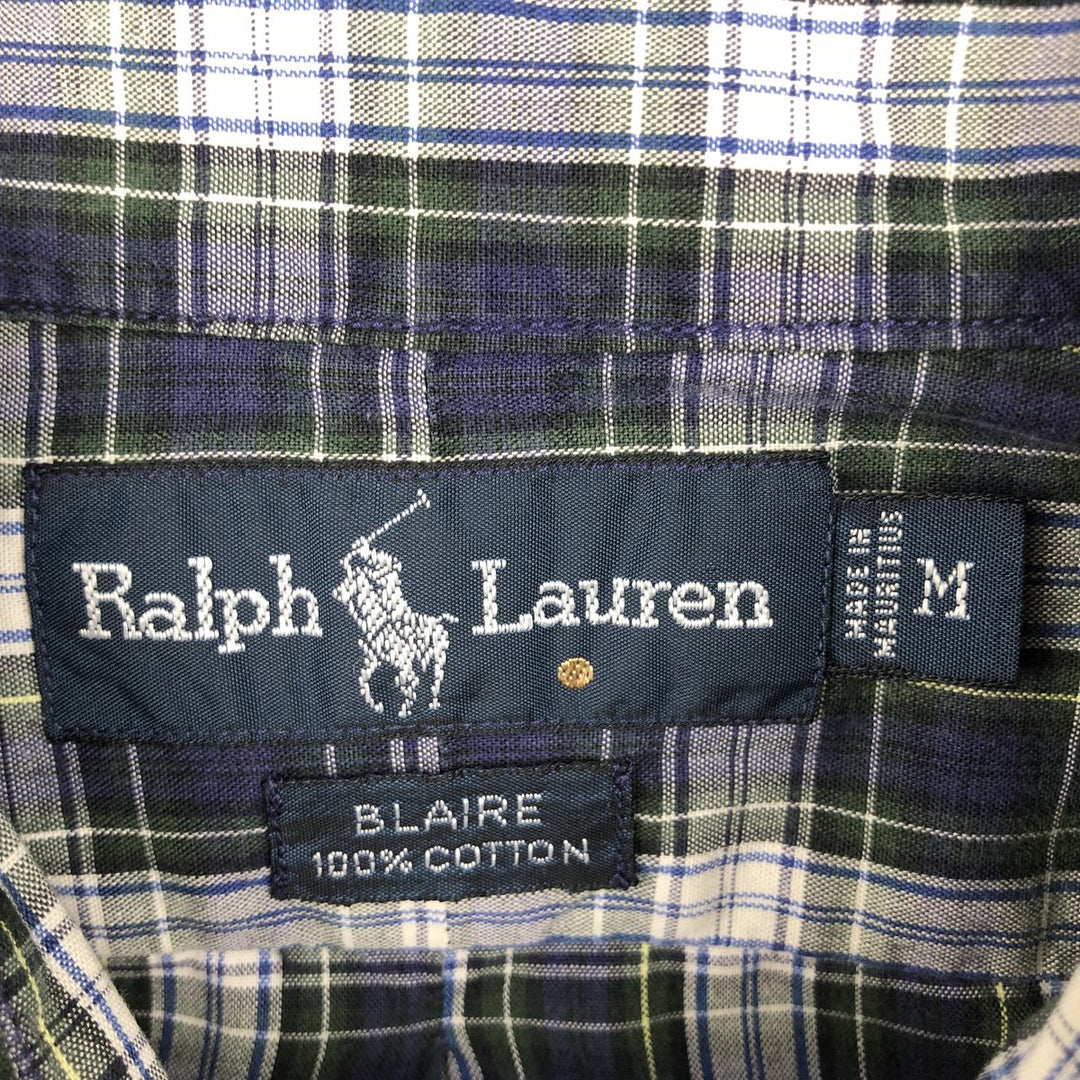 Ralph Lauren BLAIRE long sleeve button down check shirt, men's size M cotton navy blue type Vintage Second Hand