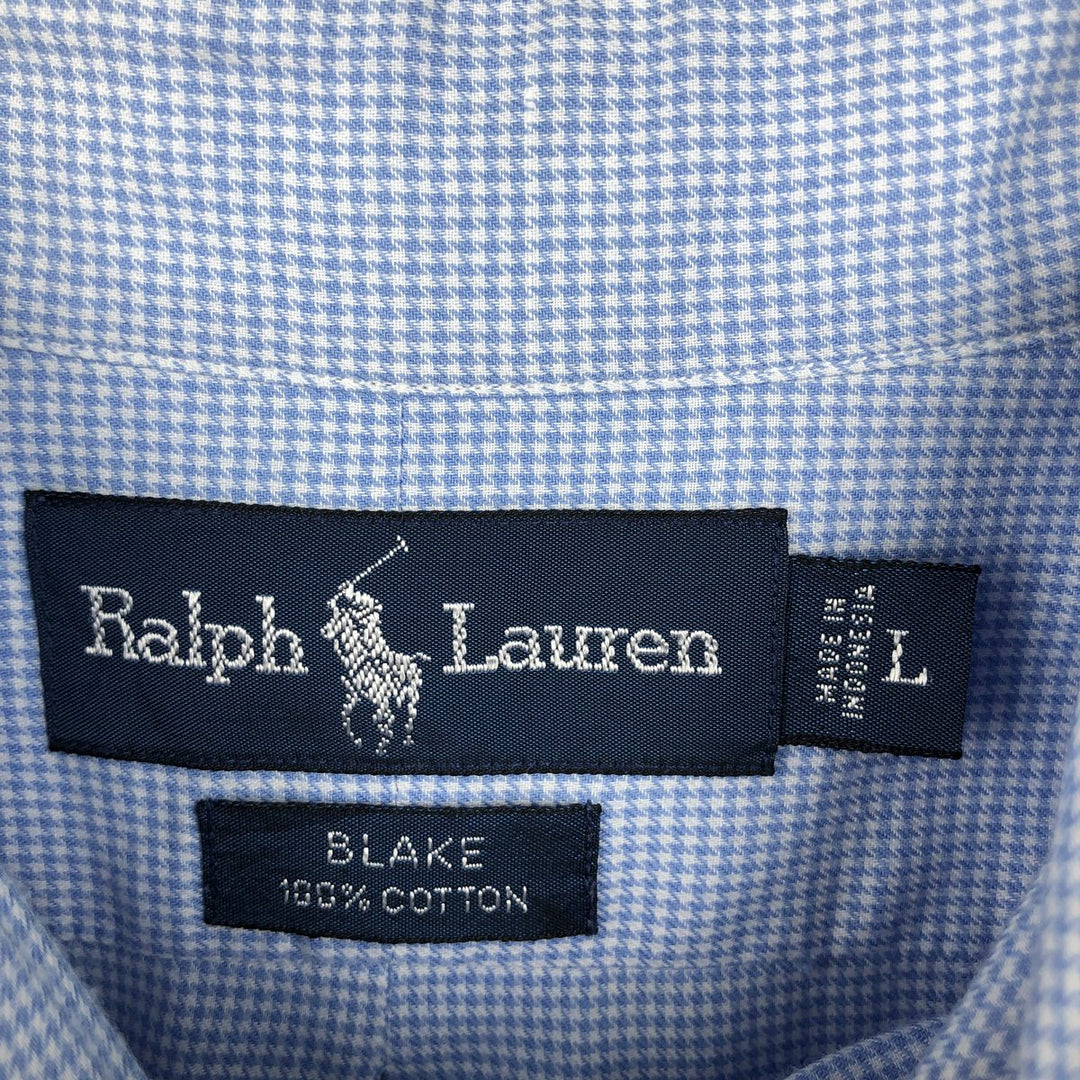 Ralph Lauren BLAKE Houndstooth Pattern Long Sleeve Button Down Shirt Men's Size L cotton Blue type light blue Vintage Second Hand