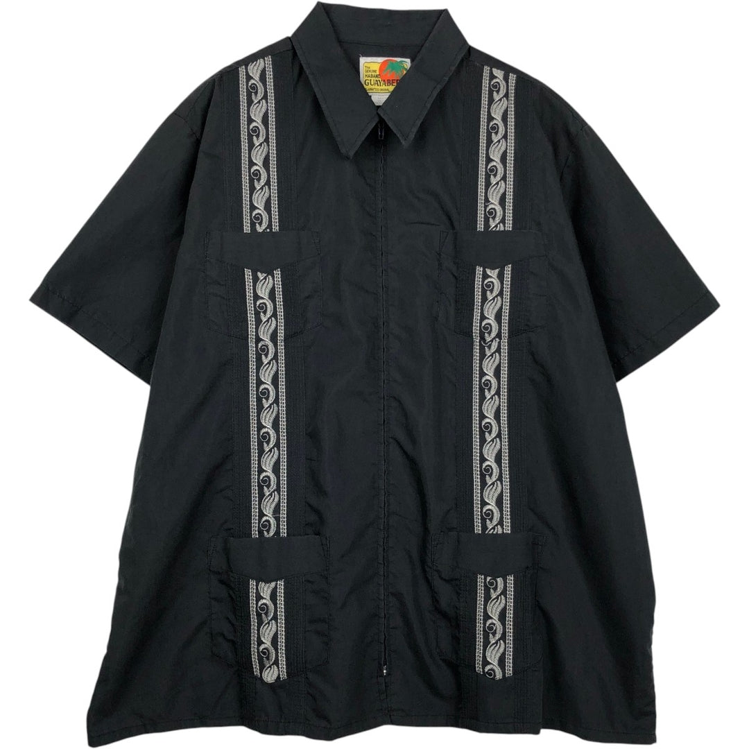 GUAYABERA Plain Short-Sleeve Mexican Shirt, Cuban Shirt, Boxy Shirt, Men's Size XL polyester black type Vintage Second Hand