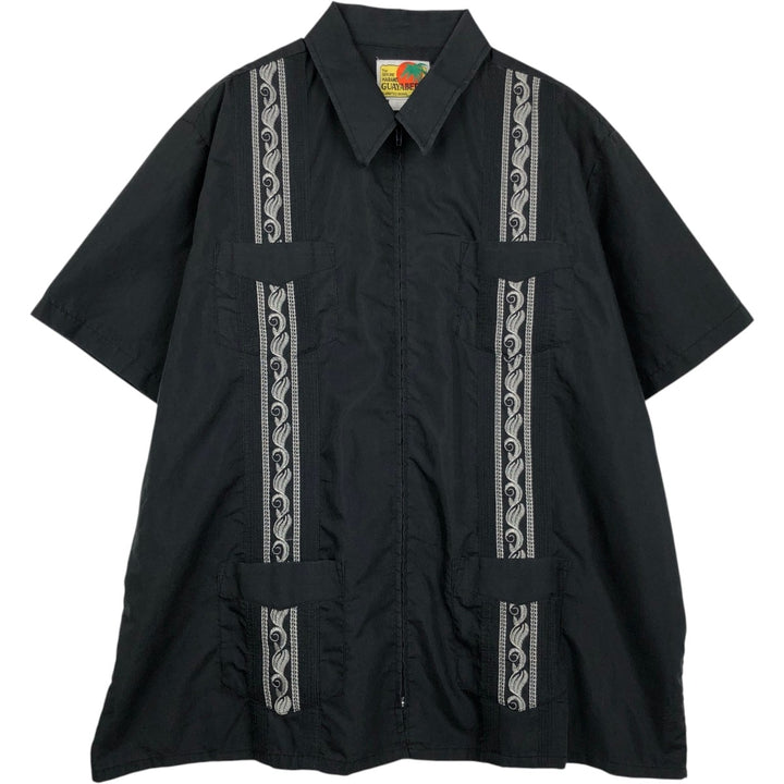 GUAYABERA Plain Short-Sleeve Mexican Shirt, Cuban Shirt, Boxy Shirt, Men's Size XL polyester black type Vintage Second Hand