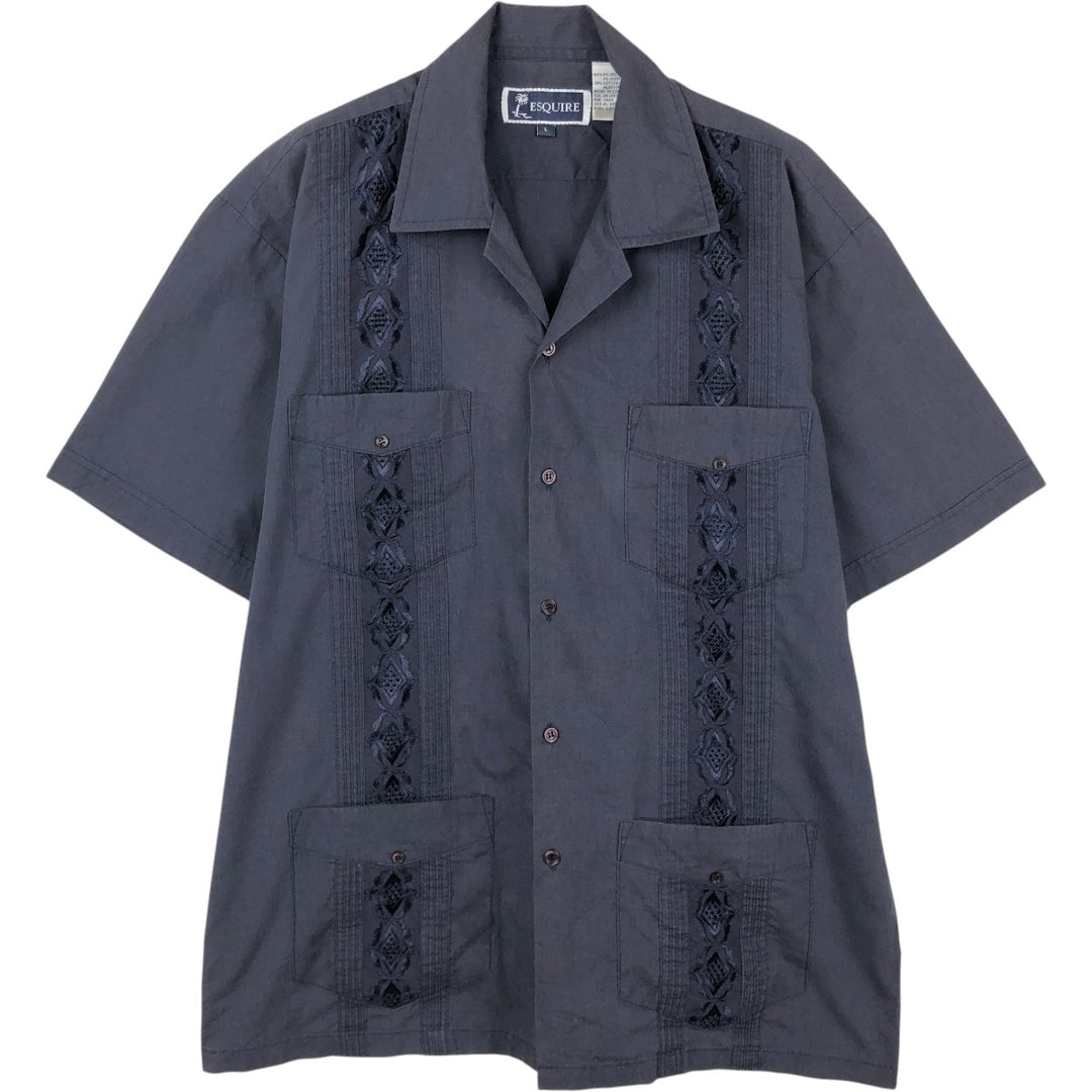 ESQUIRE Short-Sleeve Open-Collar Mexican Shirt, Cuban Shirt, Boxy Shirt, Men's Size L (approx.) polyester navy blue type Vintage Second Hand