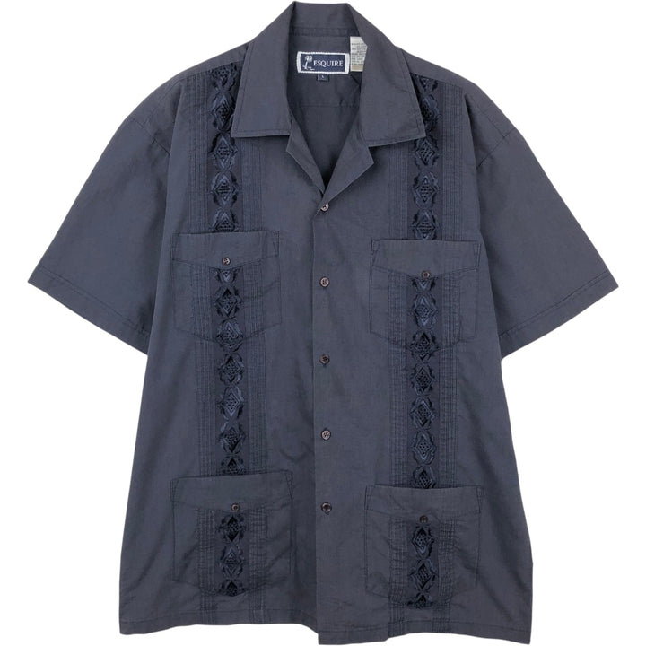 ESQUIRE Short-Sleeve Open-Collar Mexican Shirt, Cuban Shirt, Boxy Shirt, Men's Size L (approx.) polyester navy blue type Vintage Second Hand