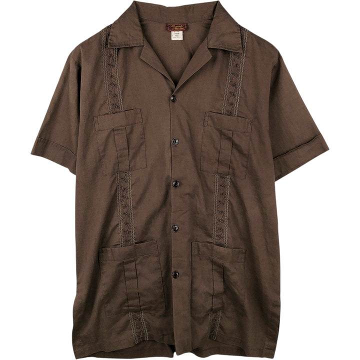 Alexander Martin Short-Sleeve Open-Collar Mexican Shirt, Cuban Shirt, Boxy Shirt, Made in USA, Men's Size L (Equivalent), Vintage polyester brown type Vintage Second Hand