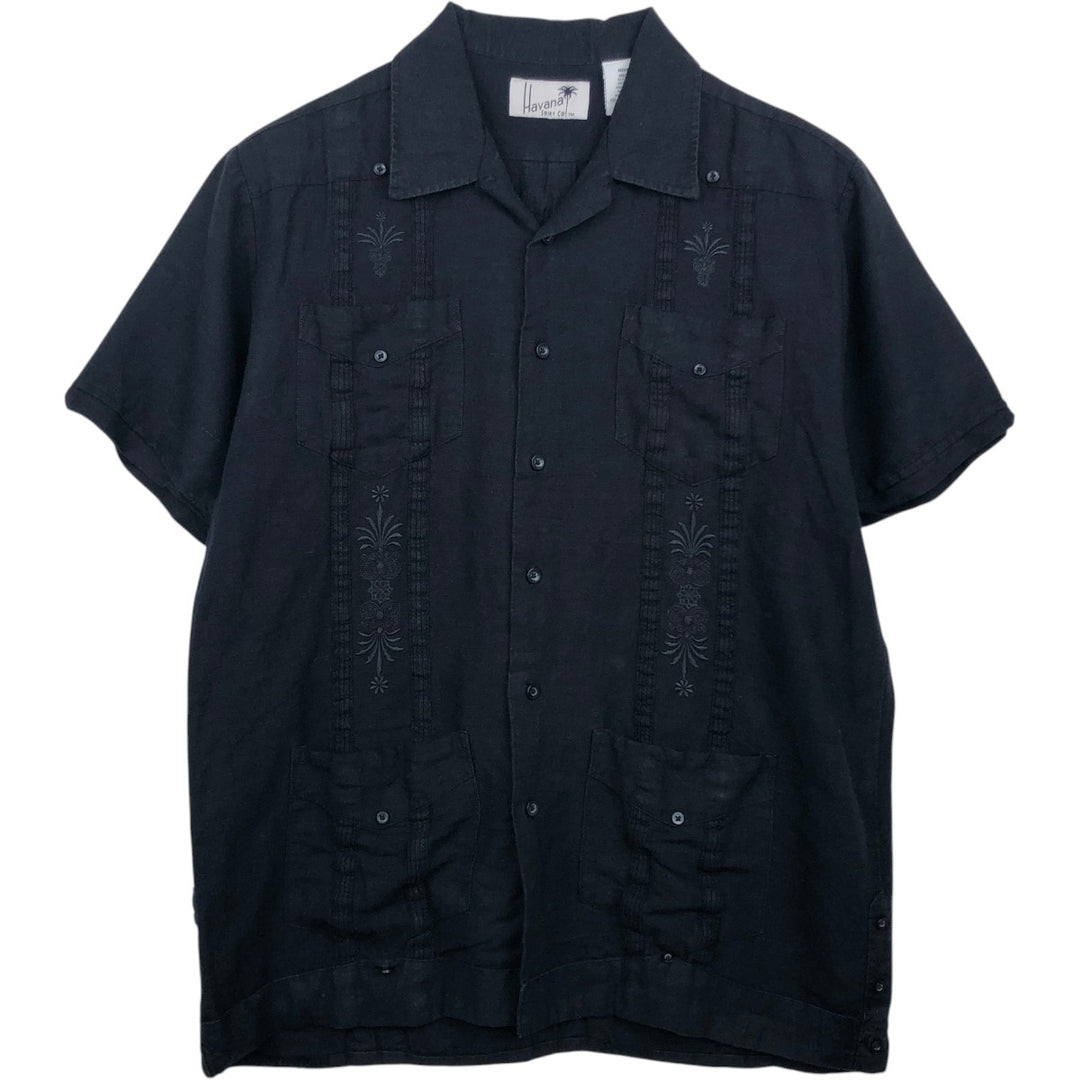Havana Short Sleeve Open Collar Mexican Shirt Cuban Shirt Box Shirt Men's M Size linen black type Vintage Second Hand