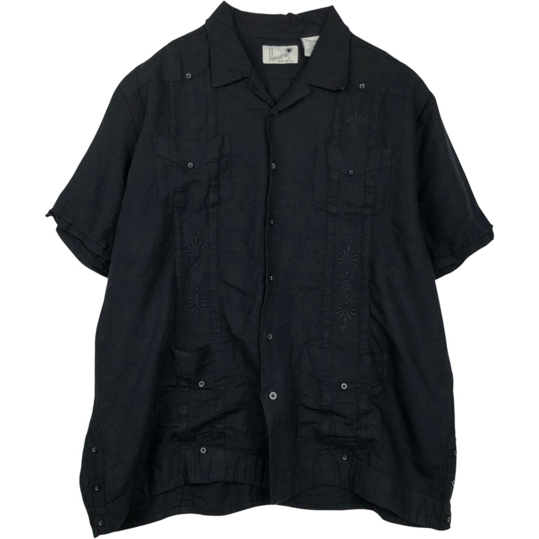 Havana Short-Sleeve Open-Collar Mexican Shirt, Cuban Shirt, Boxy Shirt, Men's XXL Equivalent linen black type Vintage Second Hand