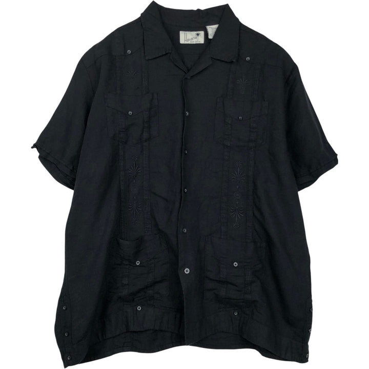 Havana Short-Sleeve Open-Collar Mexican Shirt, Cuban Shirt, Boxy Shirt, Men's XXL Equivalent linen black type Vintage Second Hand