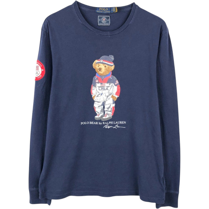 Ralph Lauren POLO RALPH LAUREN Olympic USA Team Polo Bear Long-Sleeve T-Shirt (Men's Size M) cotton navy blue type Vintage Second Hand