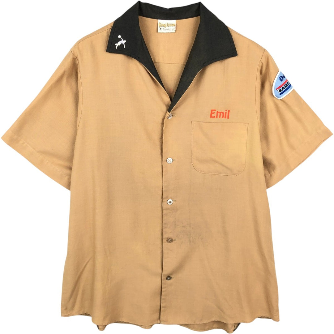 70s-80'S King Louie Creation Skipper Collar Short-Sleeve Bowling Shirt, Made in USA, Men's Size L (Equivalent), Vintage polyester beige type brown Vintage Second Hand