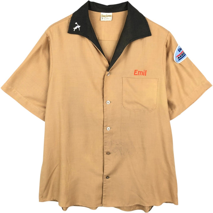 70s-80'S King Louie Creation Skipper Collar Short-Sleeve Bowling Shirt, Made in USA, Men's Size L (Equivalent), Vintage polyester beige type brown Vintage Second Hand
