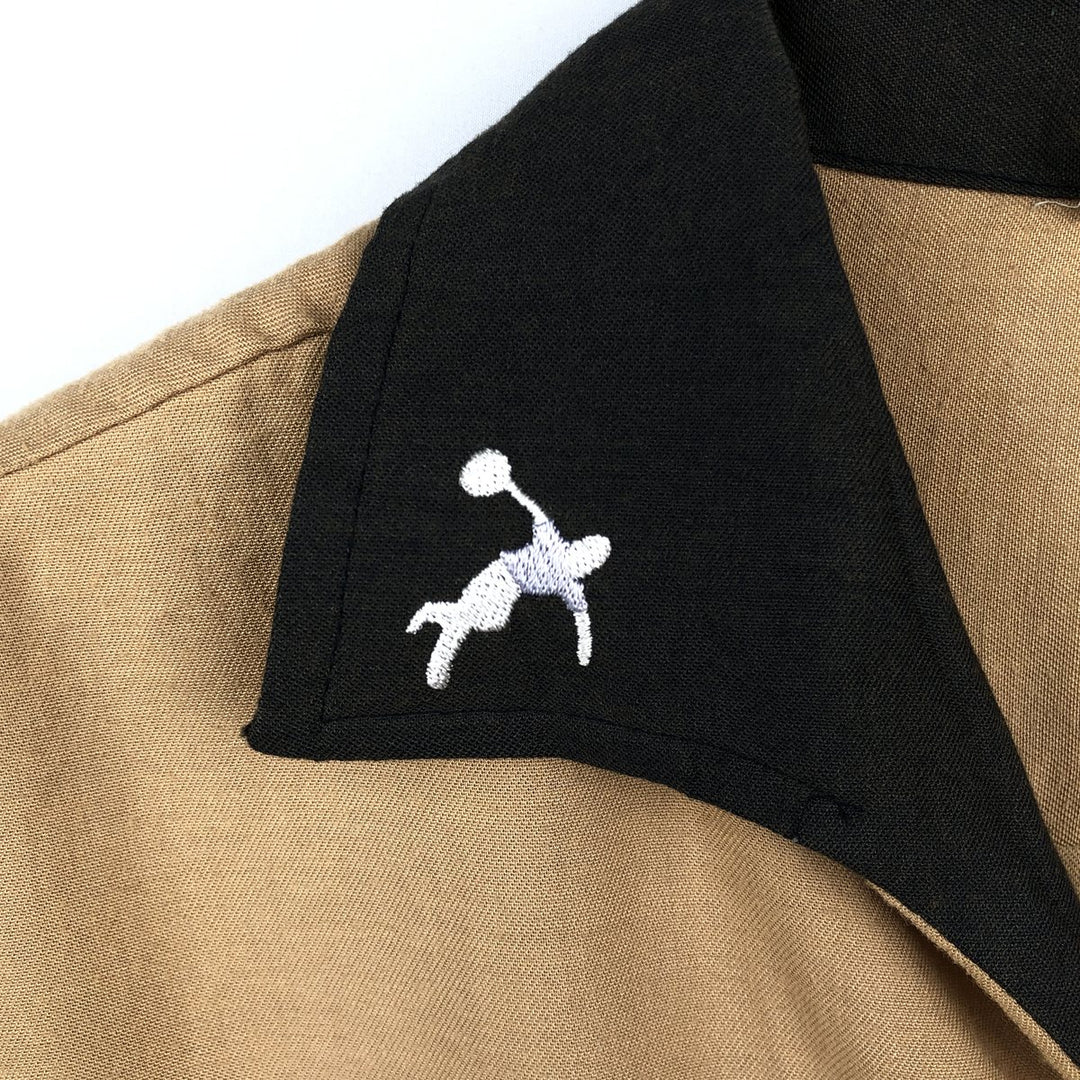 70s-80'S King Louie Creation Skipper Collar Short-Sleeve Bowling Shirt, Made in USA, Men's Size L (Equivalent), Vintage polyester beige type brown Vintage Second Hand