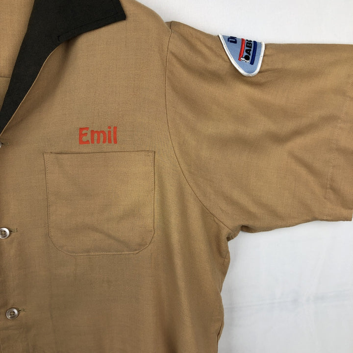 70s-80'S King Louie Creation Skipper Collar Short-Sleeve Bowling Shirt, Made in USA, Men's Size L (Equivalent), Vintage polyester beige type brown Vintage Second Hand