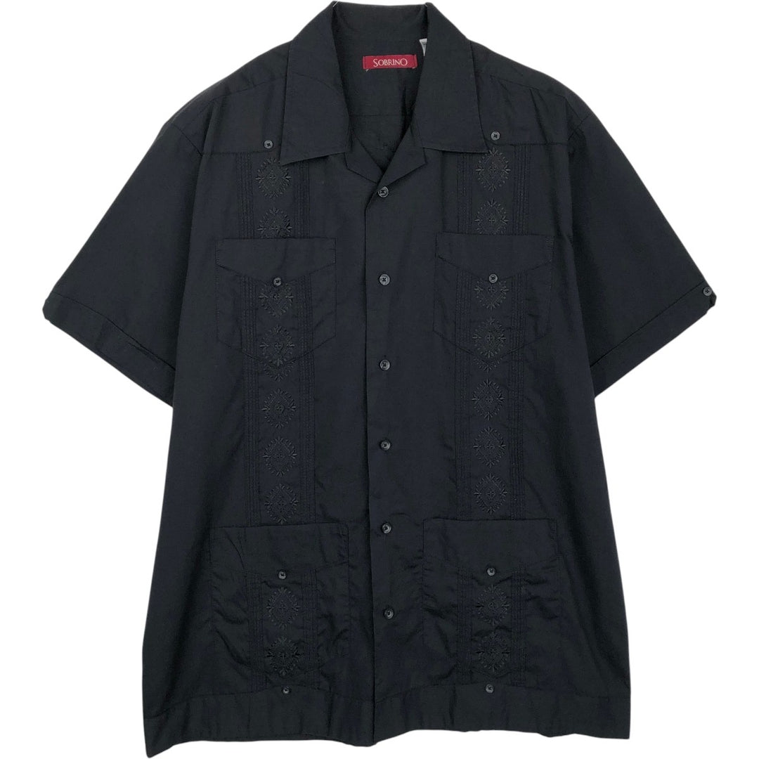 SOBRINO Short-Sleeve Open-Collar Mexican Shirt, Cuban Shirt, Boxy Shirt, Men's Size M polyester black type Vintage Second Hand