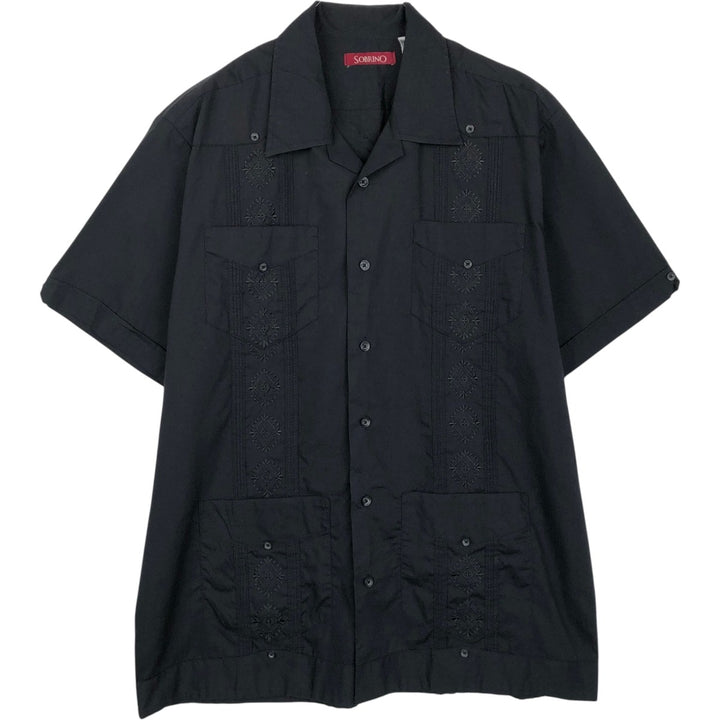 SOBRINO Short-Sleeve Open-Collar Mexican Shirt, Cuban Shirt, Boxy Shirt, Men's Size M polyester black type Vintage Second Hand
