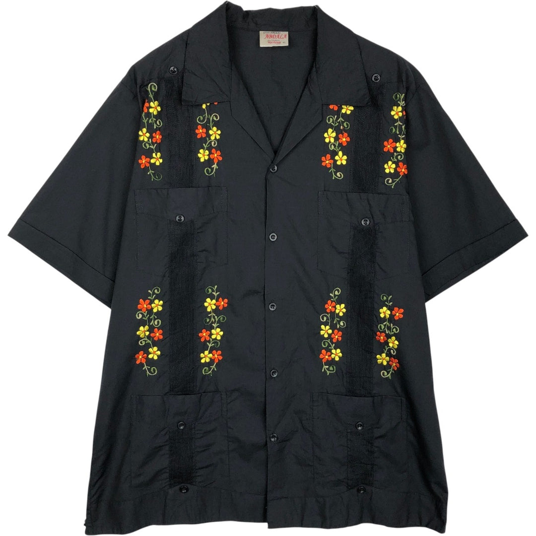 ABDALA Floral Print Short-Sleeve Open Collar Mexican Shirt Cuban Shirt Box Shirt Men's Size L polyester black type Vintage Second Hand
