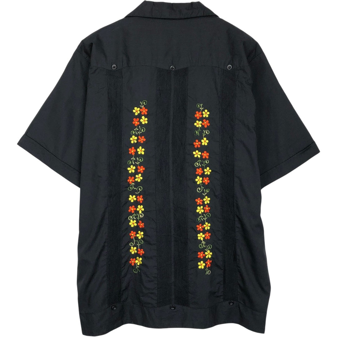 ABDALA Floral Print Short-Sleeve Open Collar Mexican Shirt Cuban Shirt Box Shirt Men's Size L polyester black type Vintage Second Hand