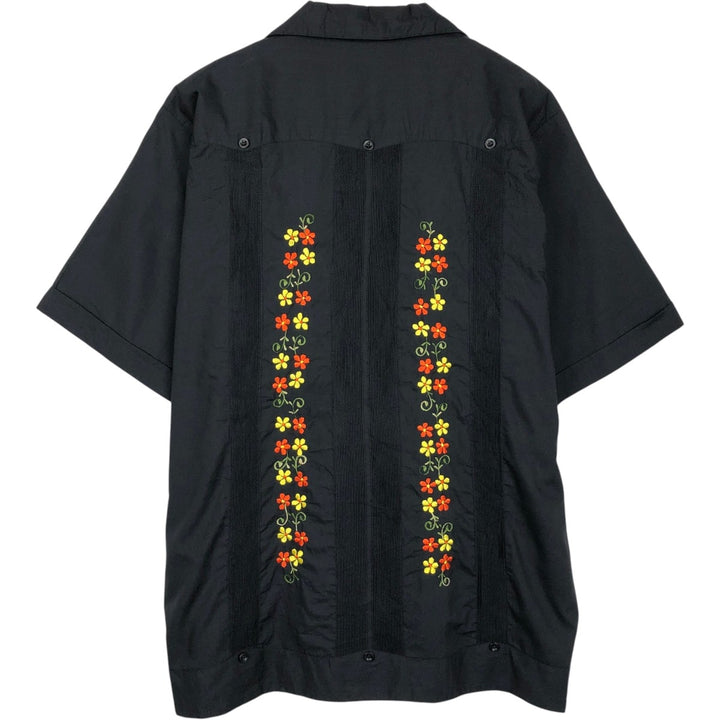 ABDALA Floral Print Short-Sleeve Open Collar Mexican Shirt Cuban Shirt Box Shirt Men's Size L polyester black type Vintage Second Hand
