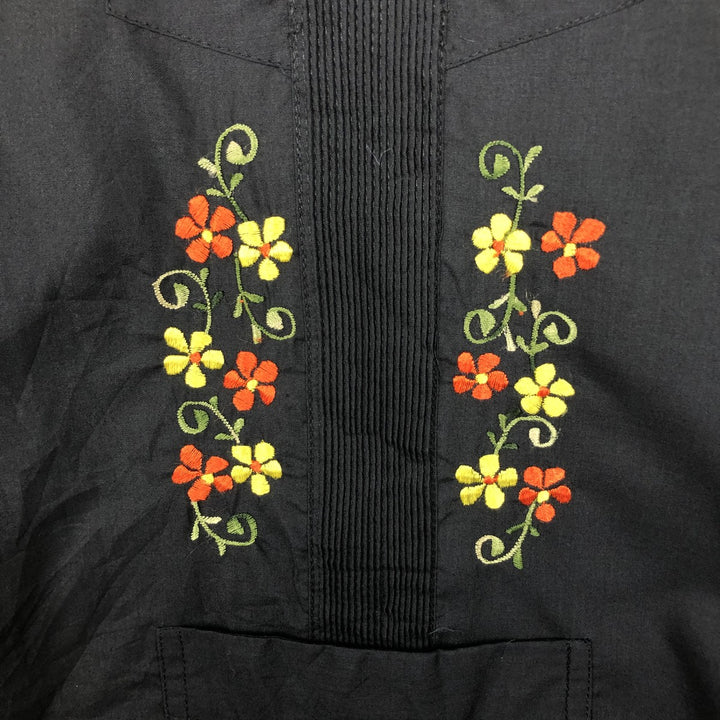 ABDALA Floral Print Short-Sleeve Open Collar Mexican Shirt Cuban Shirt Box Shirt Men's Size L polyester black type Vintage Second Hand