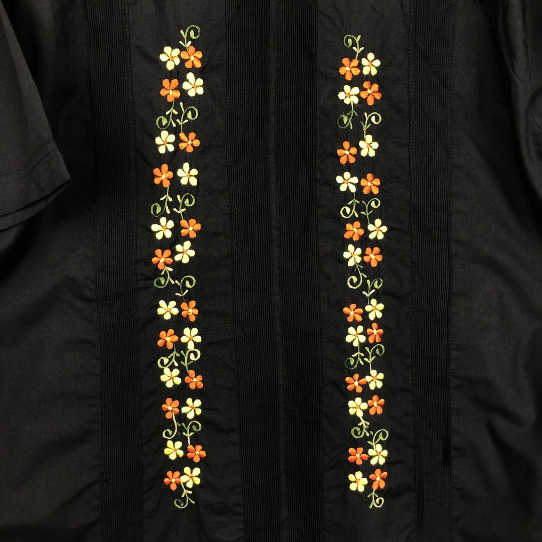 ABDALA Floral Print Short-Sleeve Open Collar Mexican Shirt Cuban Shirt Box Shirt Men's Size L polyester black type Vintage Second Hand