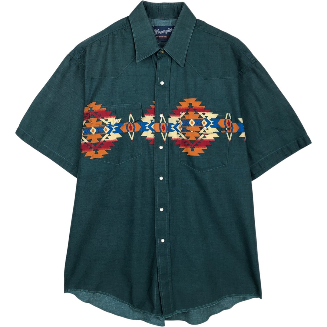 90'S Wrangler Western Shirts, Native Pattern, Short Sleeve, Men's Size L (approx.), Vintage cotton Green type dark green Vintage Second Hand