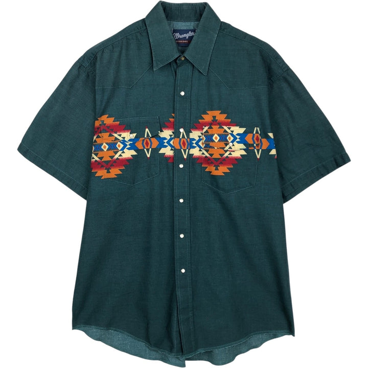 90'S Wrangler Western Shirts, Native Pattern, Short Sleeve, Men's Size L (approx.), Vintage cotton Green type dark green Vintage Second Hand
