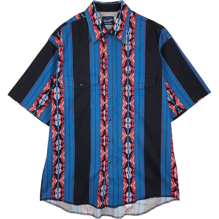 90'S Wrangler Western Shirt, Native Stripe, Short Sleeve, Men's Size L (approx.), Vintage cotton blue type Vintage Second Hand