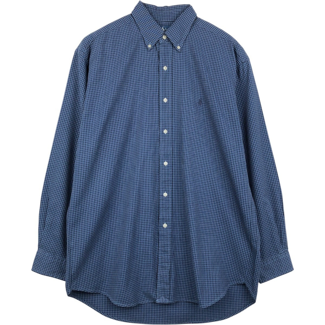 Ralph Lauren BLAKE Gingham Check Long Sleeve Button-Down Check Shirt, Men's Size L cotton Navy blue Vintage Second Hand