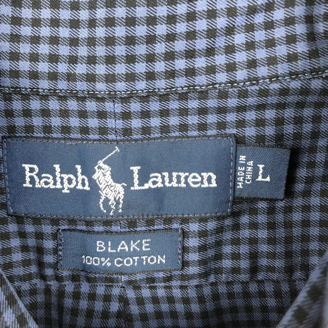 Ralph Lauren BLAKE Gingham Check Long Sleeve Button-Down Check Shirt, Men's Size L cotton Navy blue Vintage Second Hand