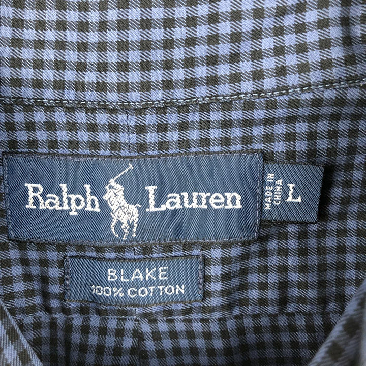 Ralph Lauren BLAKE Gingham Check Long Sleeve Button-Down Check Shirt, Men's Size L cotton Navy blue Vintage Second Hand