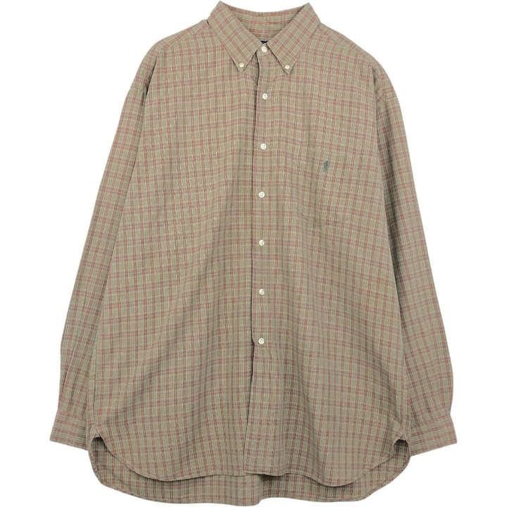 Ralph Lauren MCMEEL long-sleeved button-down check shirt, men's size XL cotton beige type brown Vintage Second Hand