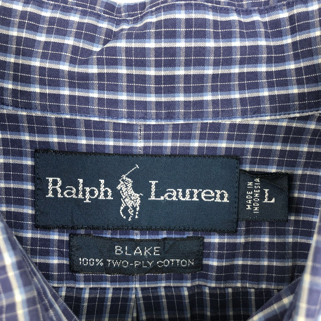Ralph Lauren BLAKE long sleeve button down check shirt, men's size L cotton Navy blue Vintage Second Hand