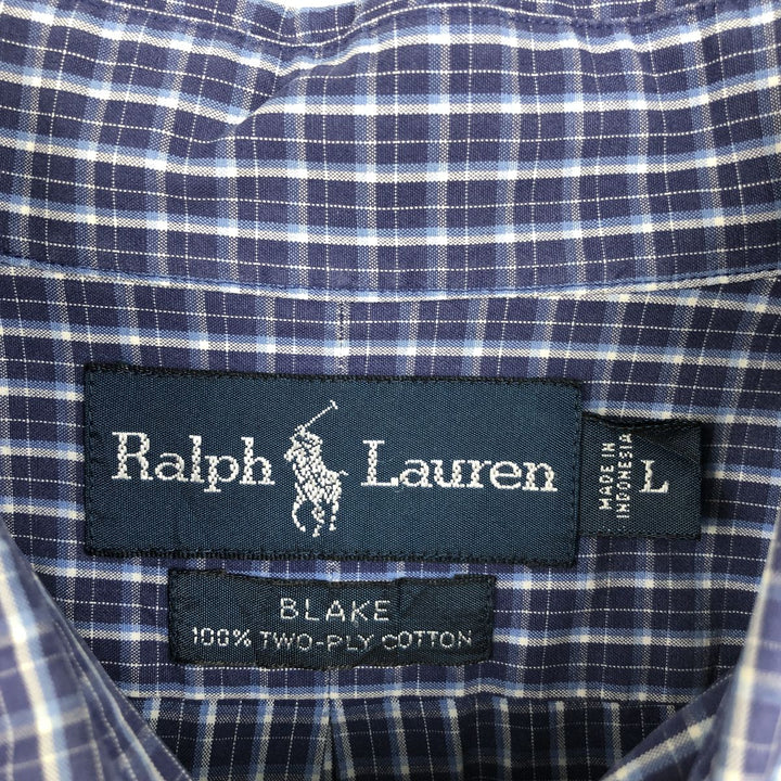 Ralph Lauren BLAKE long sleeve button down check shirt, men's size L cotton Navy blue Vintage Second Hand