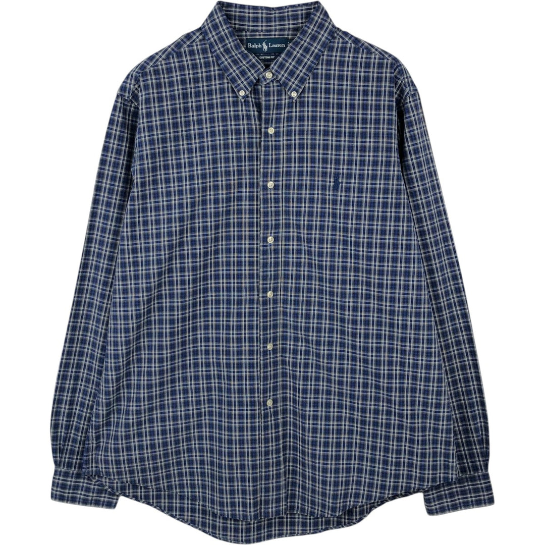 Ralph Lauren CUSTOM FIT long sleeve button down check shirt men's XL size cotton navy blue type Vintage Second Hand