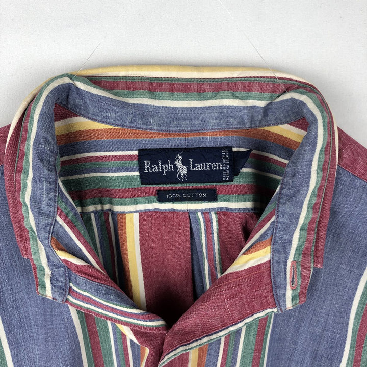 Ralph Lauren Multi-Stripe Long Sleeve Button-Down Striped Shirt, Men's Size L cotton Navy blue Vintage Second Hand