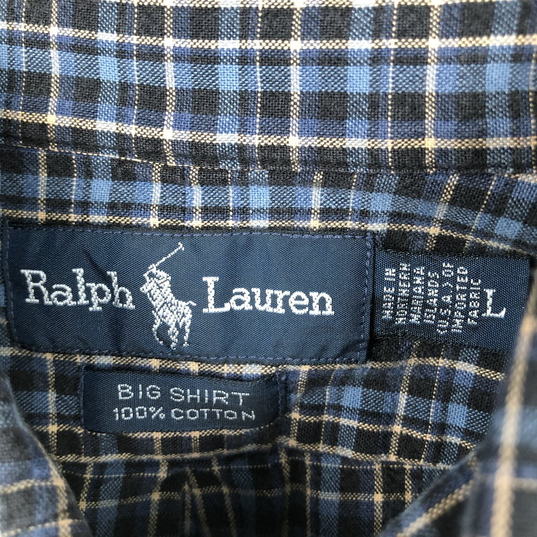 Ralph Lauren BIG SHIRT Long sleeve button-down check shirt Men's L size cotton navy blue type Vintage Second Hand