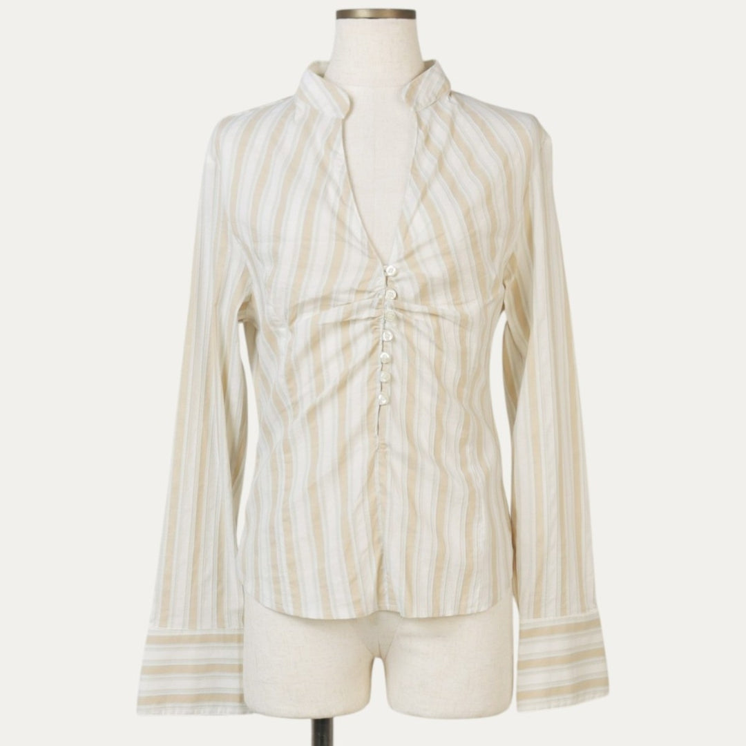 90'S Zero Multi-Stripe Skipper Collar Long-Sleeve Blouse, Women's Size S (Equivalent), Vintage cotton white type Vintage Second Hand